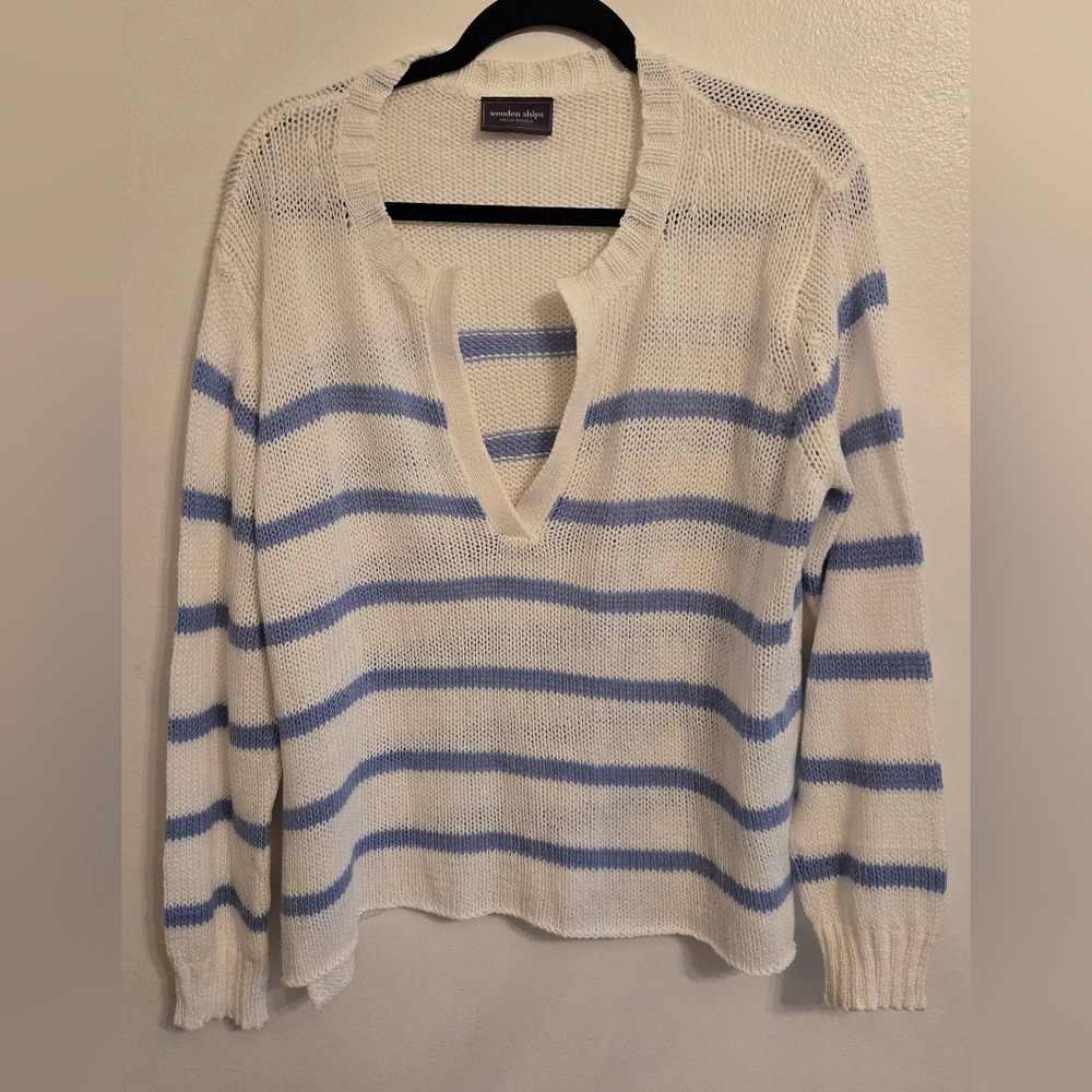 Wooden Ships Oversized Cotton Blend V-neck Blue White Striped  Sweater M/L
